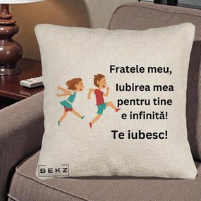 Cadou pentru Frate - Perna Personalizata Fratele Meu Te Iubesc Copii Alergand Colorat, 40x40 cm, Bej Canapea, Husa Detasabila, Perna Inclusa, BEKZ®