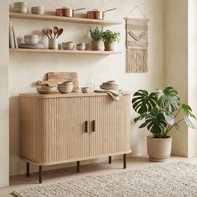 HOMCOM Bufet pentru living, corp de depozitare cu 2 uși culisante tambur cu lamele și 4 compartimente, stejar | Aosom Romania