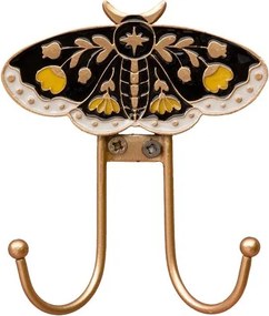 Cuier de perete din metal, multicolor, model fluture negru pictat manual, două agățătoare aurii, finisaj lucios, 12,5 x 11 x 3 cm, „Nocturne”