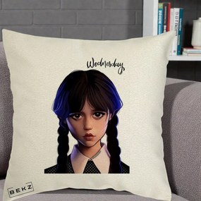 Perna Personalizata Wednesday Addams Portret Realist, 40x40 cm, Ecru, Husa Detasabila, Perna Inclusa, BEKZ®