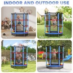 HOMCOM Saltea Elastică pentru Copii 3-6 Ani cu Plasă de Protecție, 6 Stâlpi și 3 Intrări, Ø140x190 cm, Multicolor | Aosom Romania