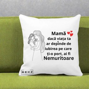 Cadou pentru Mama - Perna Personalizata Mama Nemuritoare cu Copilul in Poala, 40x40 cm, Alba Mata, Husa Detasabila, Perna Inclusa, BEKZ®