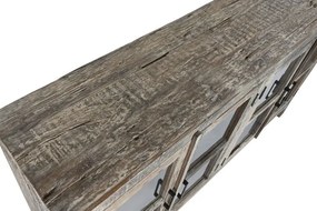 Bufet rustic din lemn reciclat, natur, cu 4 uși vitrate și mânere din metal negru, 90 x 170 x 40 cm, „Valmira”