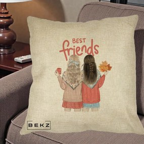 Cadou pentru Prieteni - Perna Personalizata Best Friends Toamna, 40x40 cm, Crem, Husa Detasabila, Perna Inclusa, BEKZ®