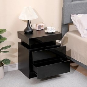 Noptieră cu 2 sertare, iluminare LED, Negru, 45x35x52 cm