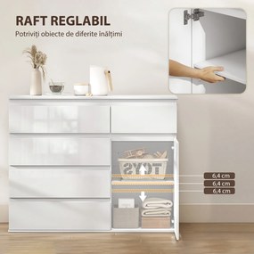 HOMCOM Bufet Modern cu 5 Sertare și Raft Reglabil, Alb Lucios | Aosom Romania