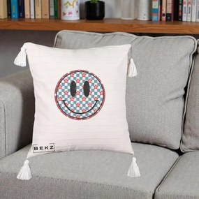 Perna Decorativa Smiley Face Checkered cu Floricele, 40x40 cm, Bej cu Franjuri, Husa Detasabila, Perna Inclusa, BEKZ®