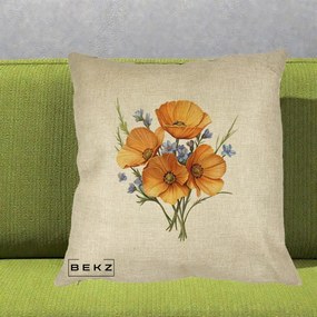 Perna Decorativa Maci Portocalii cu Floricele Albastre, 40x40 cm, Crem, Husa Detasabila, Perna Inclusa, BEKZ®
