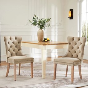 Set de 2 scaune tapițate pentru sufragerie din catifea, design cu cusături și nasturi, 50x46x91 cm, maro deschis