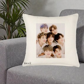 Perna Personalizata K-pop BTS Foto Grup Fete Albe, 40x40 cm, Crem Reliefat, Husa Detasabila, Perna Inclusa, BEKZ®