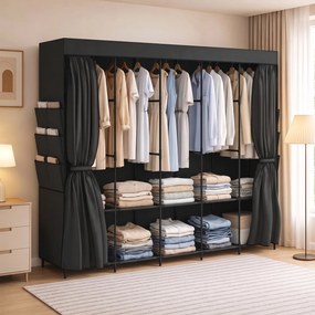 HOMCOM Dulap Textil Compact cu 5 Bare, 5 Rafturi, 6 Buzunare Laterale, Uși Anti-Praf cu Fermoar, Negru | Aosom Romania