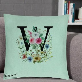 Cadou Personalizat - Perna Personalizata Monograma Florala Litera W, 40x40 cm, Verde Menta, Husa Detasabila, Perna Inclusa, BEKZ®