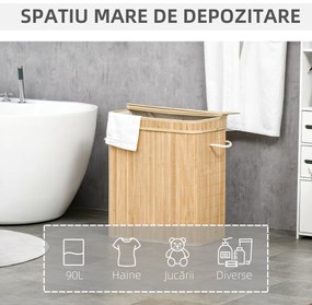 HOMCOM Coș Pliabil pentru Rufe cu 2 Compartimente, Capac Detașabil și Mânere, 54,2x35,2x59,5 cm, Natural | Aosom Romania