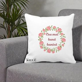 Cadou pentru Bunica - Perna Personalizata Cea Mai Buna Bunica Coronita Trandafiri Roz Clasic, 40x40 cm, Alba Mata, Husa Detasabila, Perna Inclusa, BEKZ®