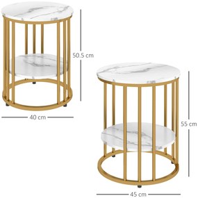 HOMCOM Lot de 2 mese de cafea rotunde mese de cafea efect marmură cu raft de depozitare deschis și cadru din oțel aur | Aosom Romania