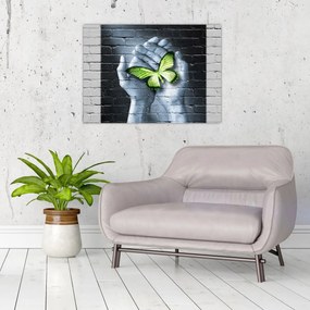 Tablou pe sticlă - Fluture verde în perete (70x50 cm)