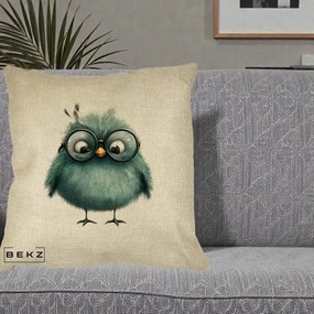 Perna Decorativa Pui Teal cu Ochelari Rotunzi, 40x40 cm, Crem, Husa Detasabila, Perna Inclusa, BEKZ®