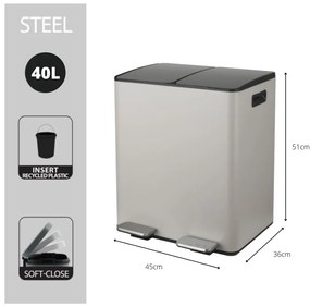 Coș de gunoi taupe pentru reciclare/cu pedală 2x20 l din oțel Aliya – Spirella