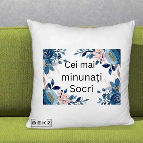 Cadou pentru Socri - Perna Personalizata Cei mai Minunati Socri cu Flori Albastre si Roz, 40x40 cm, Alb Pufos, Husa Detasabila, Perna Inclusa, BEKZ®