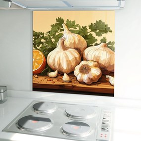 Panou Sticla Bucatarie, 100x100cm, Protectie aragaz, Antistropi, Termorezistent, Alimente, Condimente, Garlic Lemon