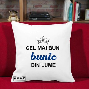 Cadou pentru Bunic - Perna Personalizata Cel Mai Bun Bunic Din Lume Coroana Albastra, 40x40 cm, Alba Mata, Husa Detasabila, Perna Inclusa, BEKZ®