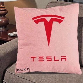 Perna Personalizata cu emblema Tesla, 40x40 cm, Roz, Husa Detasabila, Perna Inclusa, BEKZ®