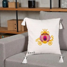 Perna Decorativa Trasura Regala Aurie, 40x40 cm, Bej cu Franjuri, Husa Detasabila, Perna Inclusa, BEKZ®
