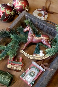 Decorațiune vintage de Crăciun din rășină, pictată manual, „Noël Rocking Horse”, H14 cm