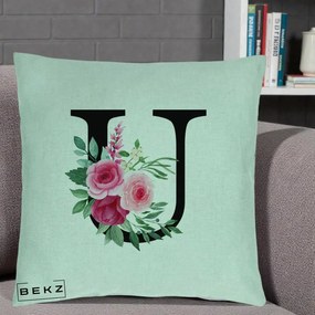 Cadou Personalizat - Perna Personalizata Monograma Florala Litera U, 40x40 cm, Verde Menta, Husa Detasabila, Perna Inclusa, BEKZ®