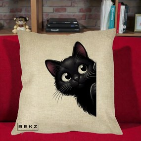 Perna Decorativa Pisica Neagra Dragalasa Curioasa, 40x40 cm, Crem, Husa Detasabila, Perna Inclusa, BEKZ®