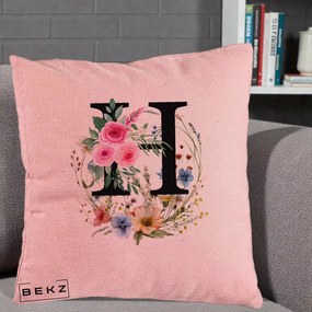 Cadou Personalizat - Perna Personalizata Monogram Litera H cu Flori Acuarela, 40x40 cm, Roz, Husa Detasabila, Perna Inclusa, BEKZ®