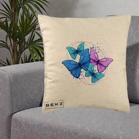 Perna Decorativa Patru Fluturi Turcoaz-Violet, 40x40 cm, Bej, Husa Detasabila, Perna Inclusa, BEKZ®