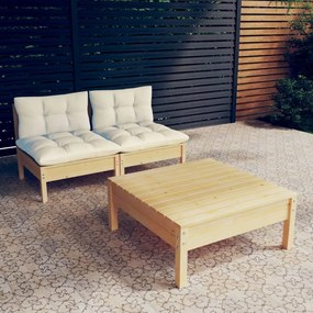 3095998 vidaXL Set mobilier grădină cu perne crem, 3 piese, lemn de pin