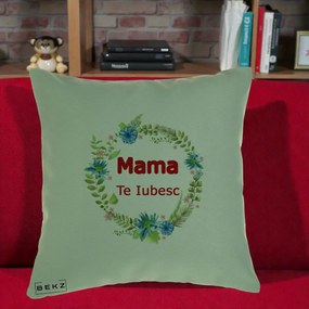 Cadou pentru Mama - Perna Personalizata Mama Te Iubesc Flori Albastre, 40x40 cm, Verde, Husa Detasabila, Perna Inclusa, BEKZ®