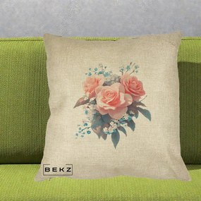 Perna Decorativa Trandafiri Roz cu Floricele Albastre, 40x40 cm, Crem, Husa Detasabila, Perna Inclusa, BEKZ®