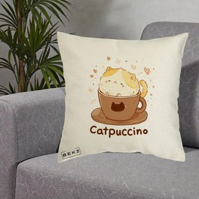 Perna Decorativa Catpuccino Pisica Cappuccino, 40x40 cm, Ecru, Husa Detasabila, Perna Inclusa, BEKZ®