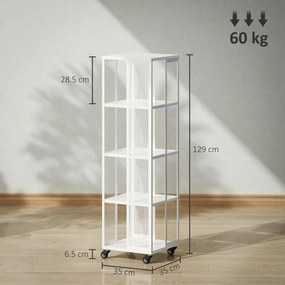 HOMCOM Bibliotecă Modernă cu 4 Rafturi și Roți, 35x35x129 cm, Alb | Aosom Romania