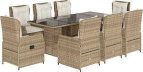 vidaXL Set de masă pentru grădină, 9 piese, cu perne, bej, poliratan