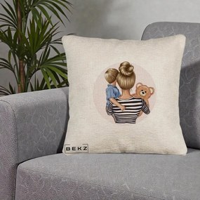 Cadou pentru Mama - Perna Personalizata Mama si Baietelul cu Ursulet, 40x40 cm, Bej Canapea, Husa Detasabila, Perna Inclusa, BEKZ®