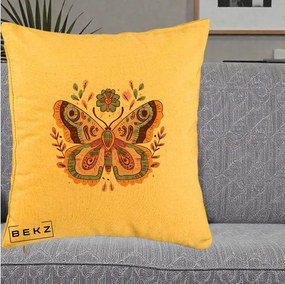 Perna Decorativa Fluture Boho Floral, 40x40 cm, Galben, Husa Detasabila, Perna Inclusa, BEKZ®