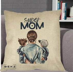 Cadou pentru Mama - Perna Personalizata Super Mom, 40x40 cm, Crem, Husa Detasabila, Perna Inclusa, BEKZ®