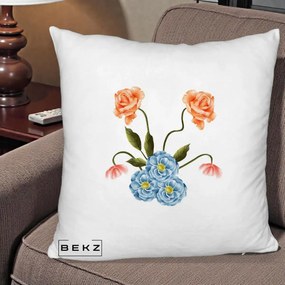 Perna Decorativa Trandafiri si Bujori Acuarela, 40x40 cm, Alb Pufos, Husa Detasabila, Perna Inclusa, BEKZ®