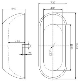 Cadă de baie tip insulă, Florida, Aura, ovală, cu instalație cu ventil click clack, 169 cm