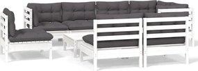 vidaXL Set mobilier grădină cu perne, 9 piese, alb, lemn masiv pin