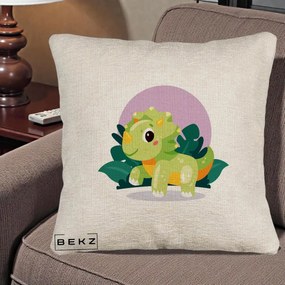Perna Decorativa Triceratops Kawaii Verde, 40x40 cm, Bej Canapea, Husa Detasabila, Perna Inclusa, BEKZ®