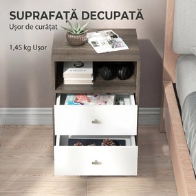 HOMCOM Set de 2 Noptiere Moderne cu 2 Sertare și Spațiu Deschis, Măsuța Laterală pentru Dormitor, 40x34x64 cm, Gri