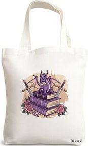 Sacosa de Panza pentru Cumparaturi, Geanta Tote, model Dragon Books 38 x 34.5 cm, Alba, BEKZ®