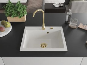Mexen Elix chiuvetă din granit cu 1 compartiment 600 x 500 mm, albă, sifon auriu - 6525601005-20-G