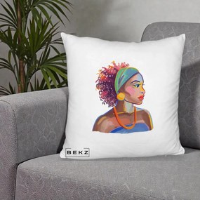 Perna Decorativa Portret Femeie Urbana Acuarela, 40x40 cm, Alb Pufos, Husa Detasabila, Perna Inclusa, BEKZ®