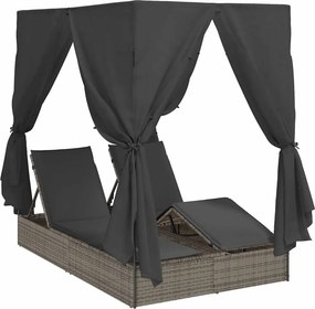 vidaXL Șezlong dublu cu perdele Gri 205 x 129 x 200 cm poliratan